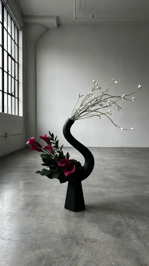 An asymmetrical editorial dahlia arrangement displaying a fluid S curve design in a matte black vase.