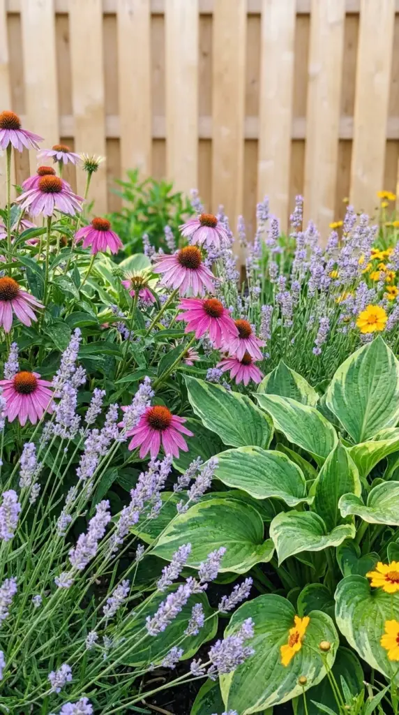 Lush low-maintenance perennial flowers including lavender and coneflowers blooming in a front yard.