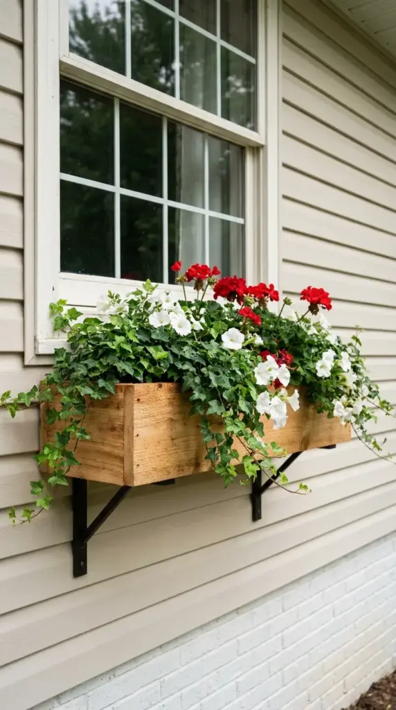 A charming cedar DIY window flower box filled with trailing ivy and vibrant blooming annuals on white siding.