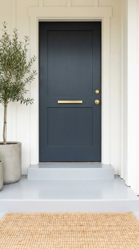 A sophisticated deep navy blue painted front door with a brass handle and clean concrete steps.