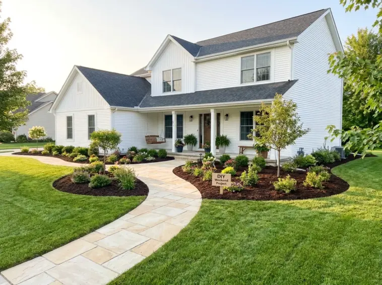 Beautifully landscaped front yard with high curb appeal featuring clean stone borders and dark mulch beds.