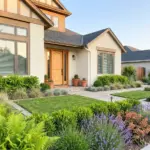 Beautifully landscaped front yard with high curb appeal featuring clean flower beds and an inviting entryway.
