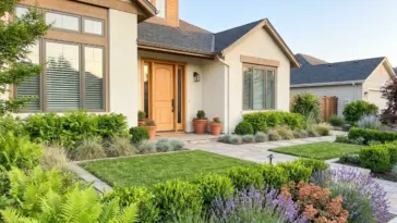 Beautifully landscaped front yard with high curb appeal featuring clean flower beds and an inviting entryway.