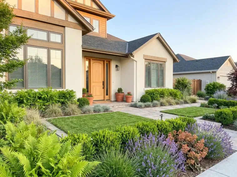 Beautifully landscaped front yard with high curb appeal featuring clean flower beds and an inviting entryway.