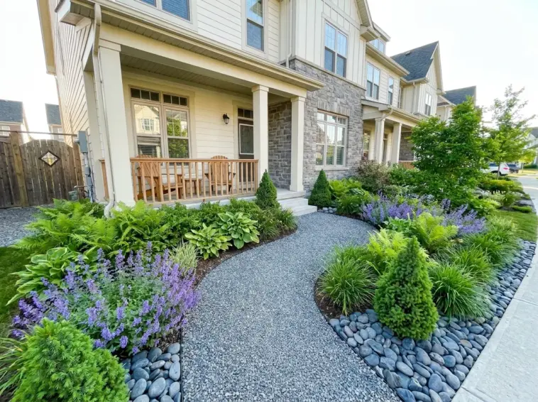 Small low-maintenance front yard landscaping with a gravel pathway and perennial flowers.