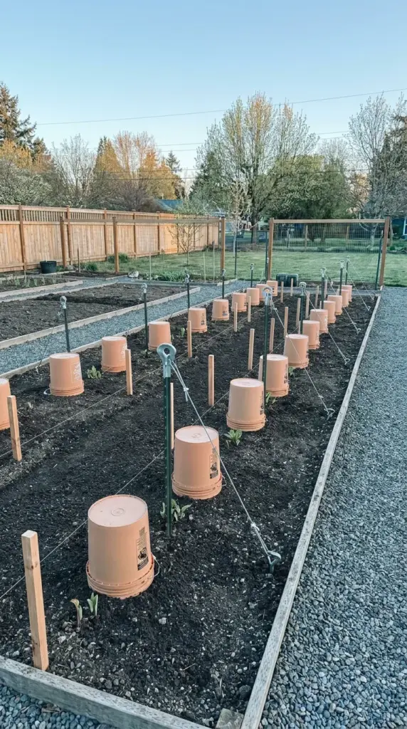 Strategic spacing layout and bucket frost protection for planting giant dahlias in an outdoor garden bed.