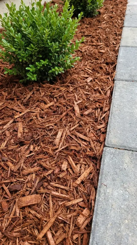 Thick layer of shredded cedar mulch suppressing weeds in a landscaped garden bed.