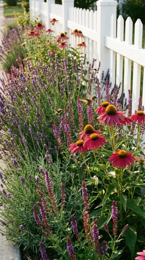 Pollinator-friendly perennial garden border with blooming lavender and coneflowers.