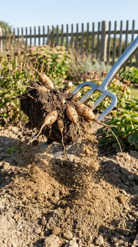 Using a silver garden fork to carefully dig up and lift a large clump of dahlia tubers from the soil.