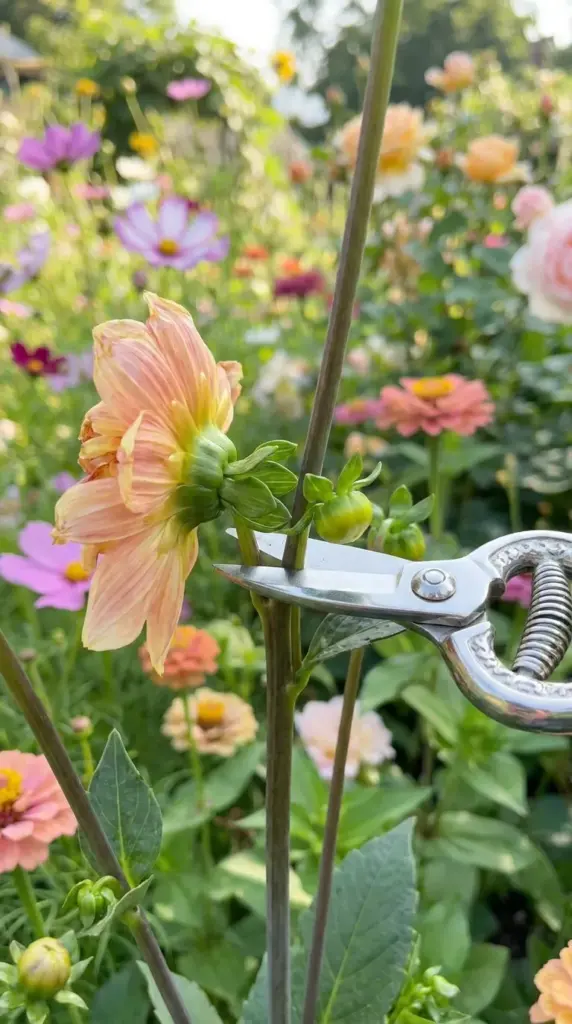 Deadheading a spent dahlia bloom down to the lateral joint for continuous summer flowering.