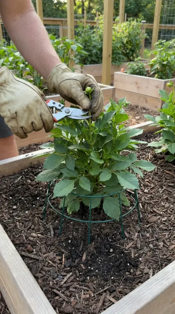 A gardener pinching a dahlia stem tip on a plant supported by an invisible tomato cage.