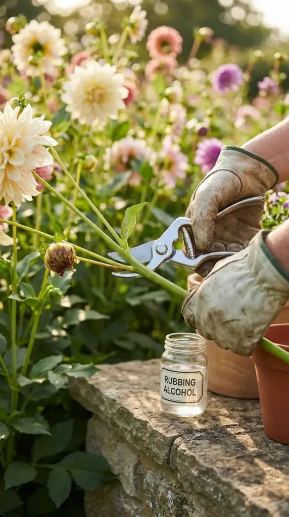 Gardener using sanitized pruning shears to cut away a rotting dahlia bud to prevent plant disease control spread.