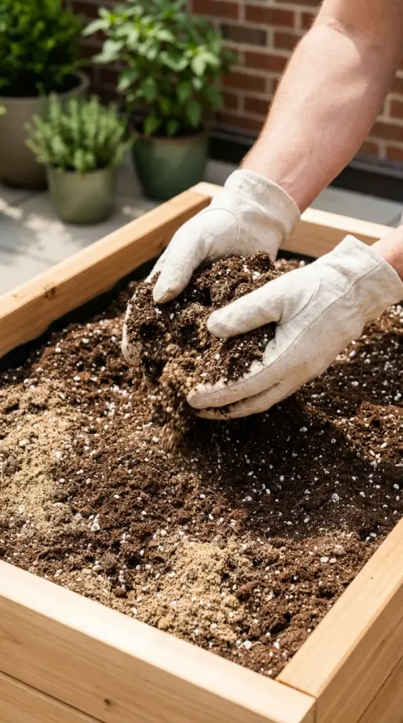 Amending heavy urban garden soil with sand and compost for perfect dahlia drainage.