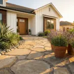 Beautiful front yard landscaping with zero grass featuring modern low-maintenance drought-tolerant plants and a stone path for curb appeal.