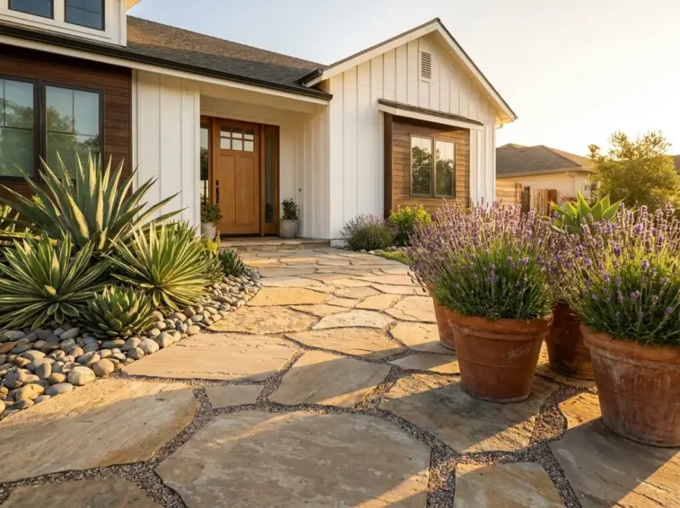 Beautiful front yard landscaping with zero grass featuring modern low-maintenance drought-tolerant plants and a stone path for curb appeal.
