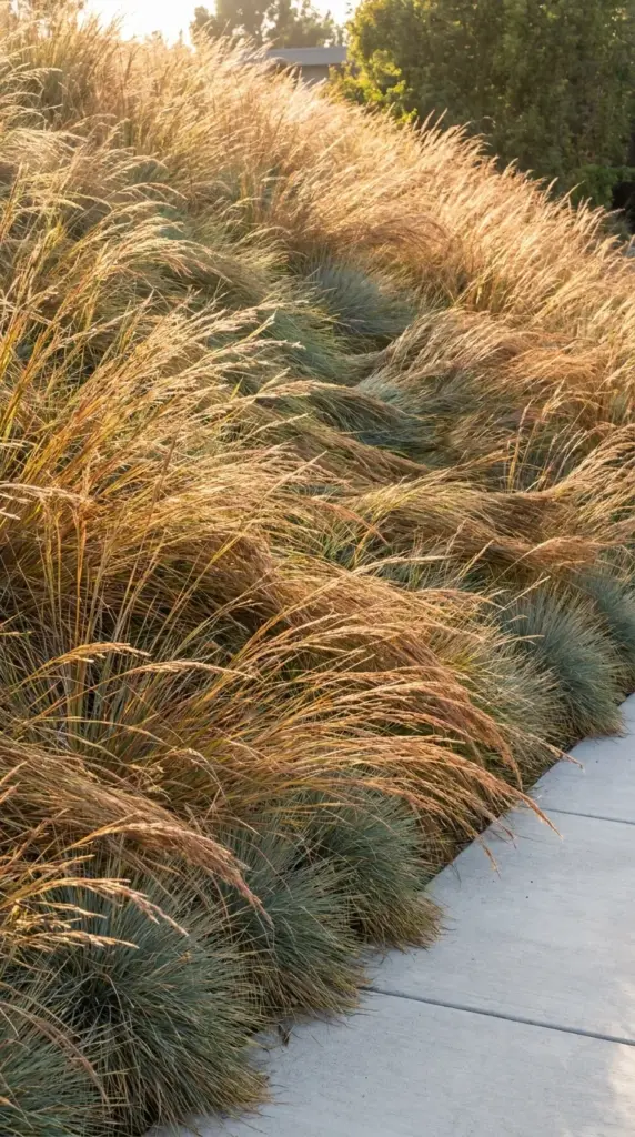 Massive installation of native ornamental grasses protecting a sloped front yard from soil erosion.