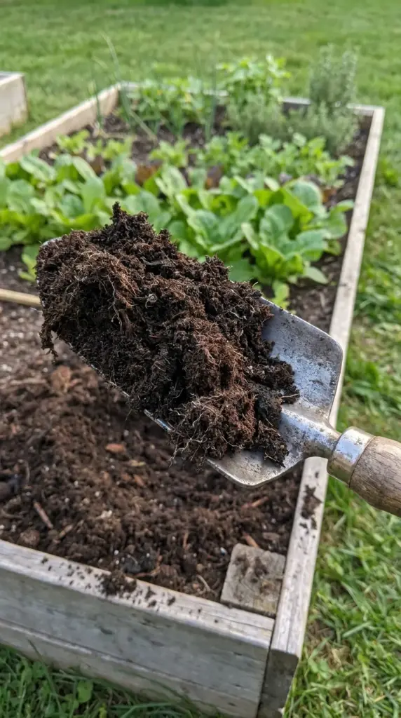 Rich well-draining soil mixed with organic compost in a backyard garden bed for dahlia planting.