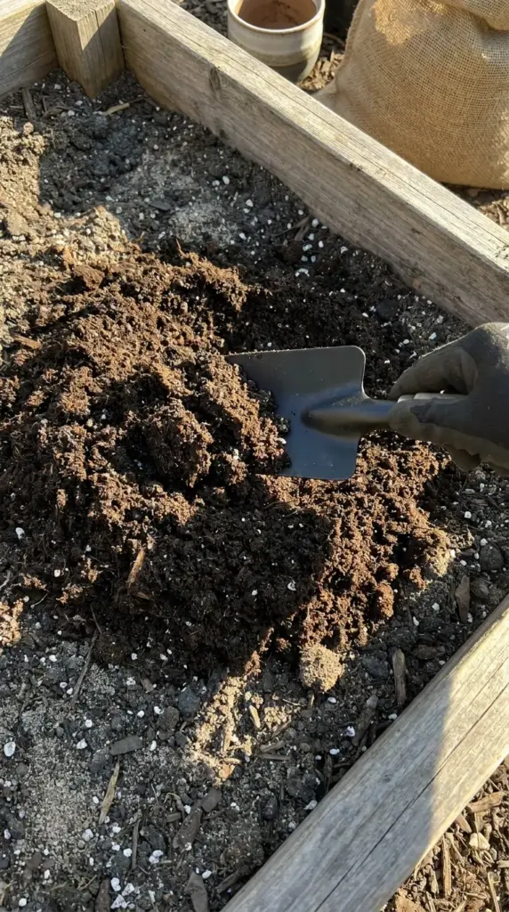 Mixing organic compost and premium topsoil in a raised garden bed for planting heavy-feeding flowers.