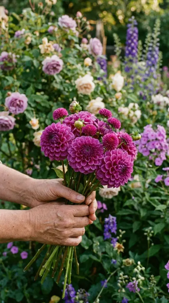 A person holding a bunch of deep purple-magenta Rokoko pompom dahlias in a field.