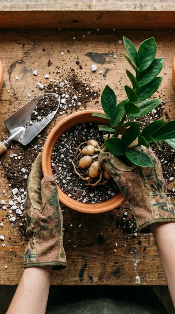 Hands repotting a saved ZZ plant rhizome into an earthy terracotta pot with fast-draining soil.