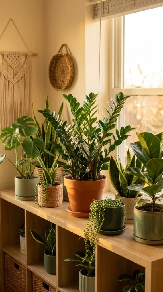 A thriving collection of indoor houseplants including a healthy ZZ plant glowing in warm golden hour light.