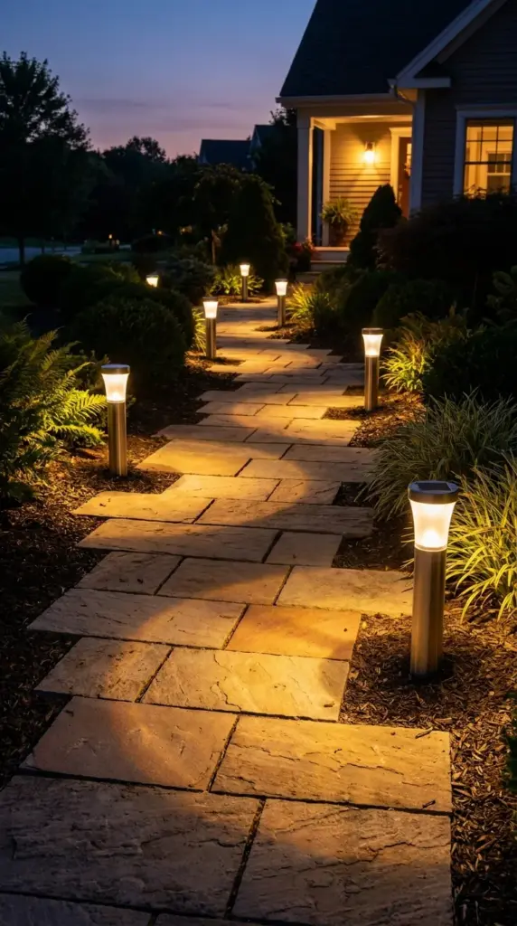 Staggered warm white solar pathway lights casting a cozy glow along a front yard walkway at twilight.