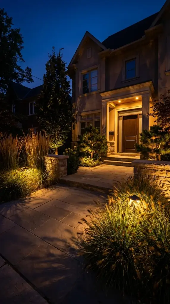 Low-voltage LED accent lighting illuminating a small front yard landscape at night.