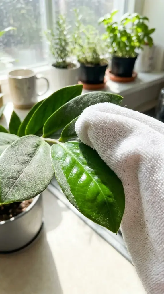 Cleaning dust off a ZZ plant leaf with a white microfiber cloth to reveal its glossy green shine.