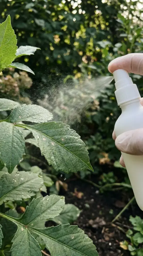 An organic natural spray solution being applied from a glass bottle to a green dahlia leaf to treat and prevent summer garden powdery mildew.