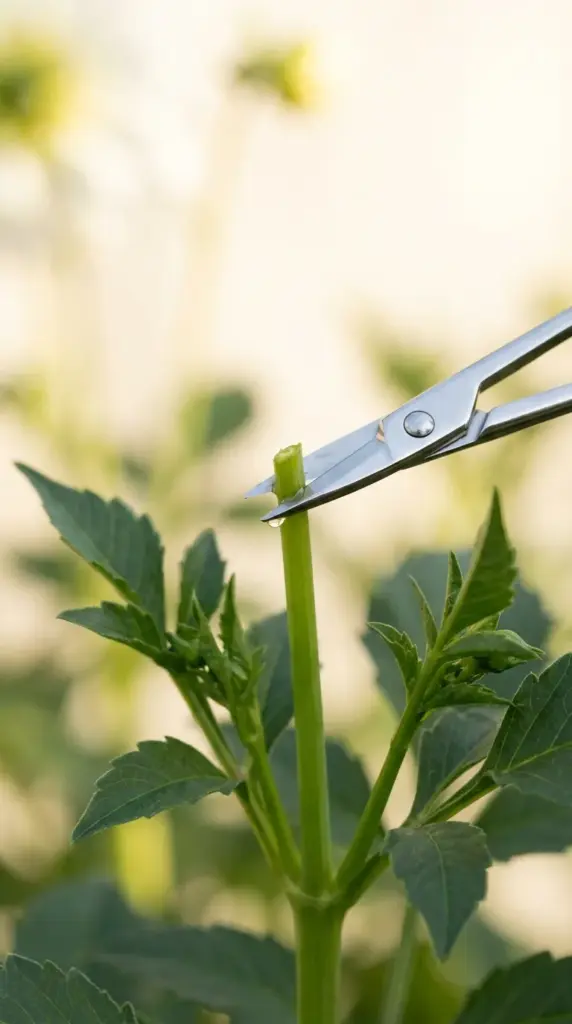 Pruning the top center growth of a young dahlia plant to encourage branching and more flowers.