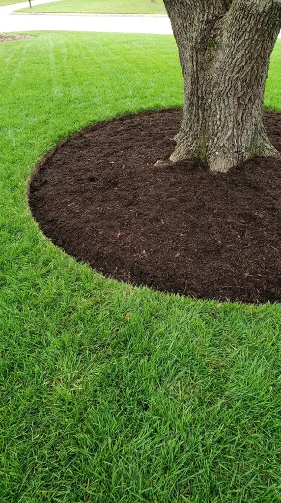 A perfectly defined tree ring filled with fresh dark chocolate brown mulch next to a crisp green lawn edge.