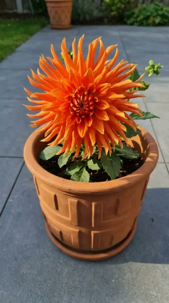 A spiky orange Frisquo cactus dahlia flower thriving in a terracotta pot on a modern patio.