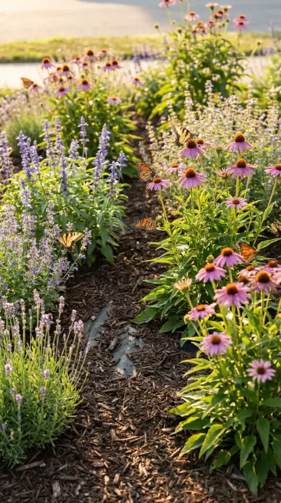 A low-maintenance pollinator garden bed blooming with purple coneflowers and hardy native lavender.