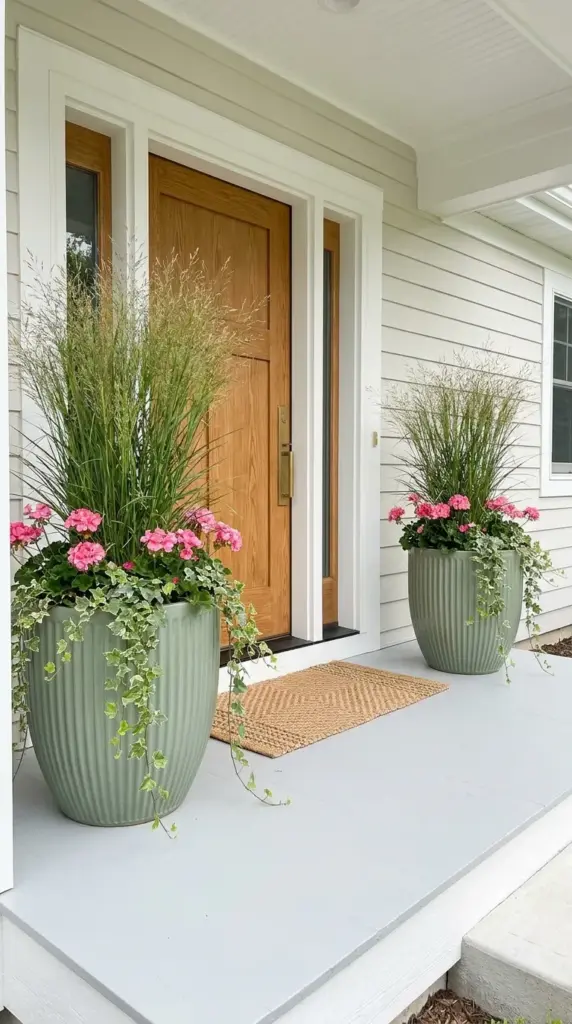 Symmetrical front door container plants in matching large planters creating instant curb appeal.
