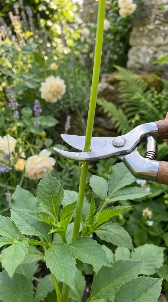 Pinching the main central shoot of a young dahlia plant to multiply summer buds.