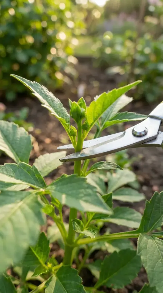 Hands using sharp stainless steel garden pruners to snip off the central growing tip of a bushy green dahlia plant to maximize summer blooms.