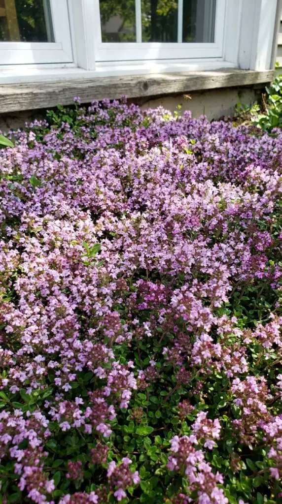 Blooming creeping thyme carpet used as a low-maintenance lawn alternative in a front yard.