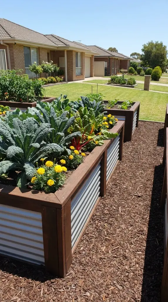 Modern raised garden beds in a grass-free front yard growing organic vegetables and companion flowers.