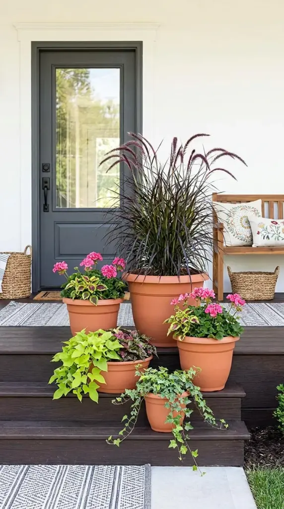 Layered front porch container gardens styled with a tall purple grass thriller and cascading green spillers.