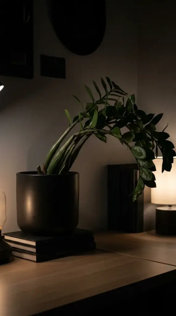A drooping ZZ plant with weak, leaning stems sitting in a dark room corner due to overwatering.