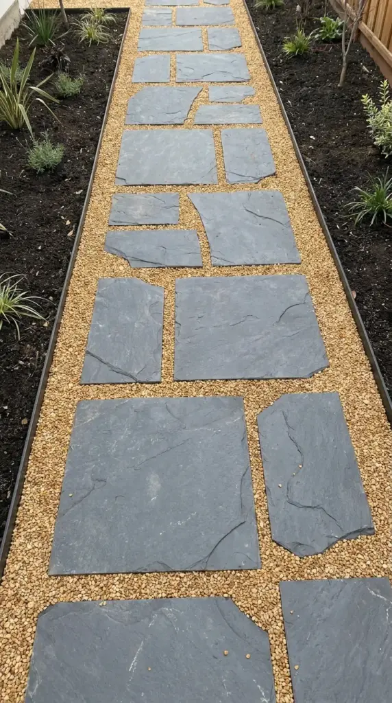 Modern walkway made of flat slate stone pavers and pea gravel for low-maintenance landscaping.