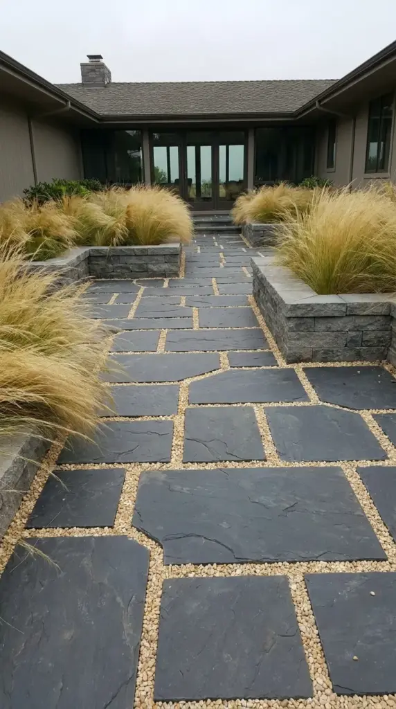 Low maintenance flagstone walkway bordered by ornamental grasses and modern hardscape features.