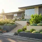 Modern front yard landscaping on a sloped lot with multi-level terraced gardens and architectural stone pathways.