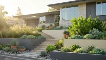 Modern front yard landscaping on a sloped lot with multi-level terraced gardens and architectural stone pathways.