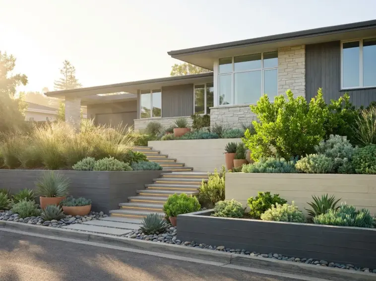Modern front yard landscaping on a sloped lot with multi-level terraced gardens and architectural stone pathways.