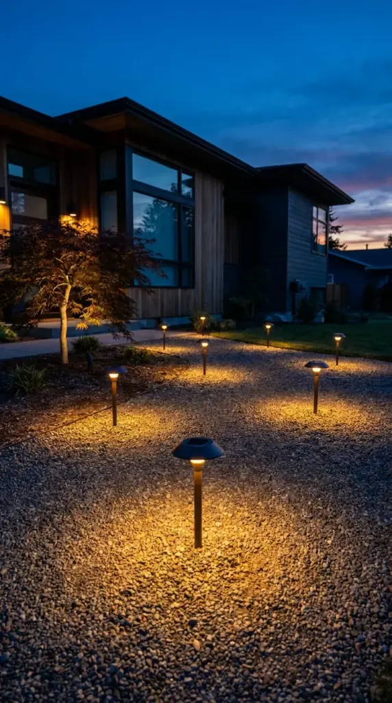 Low-voltage solar lighting casting a warm evening glow along a front yard walkway.