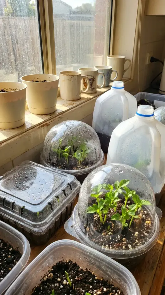 DIY mini greenhouses made from recycled plastic containers holding dahlia seedlings on a sunny windowsill.