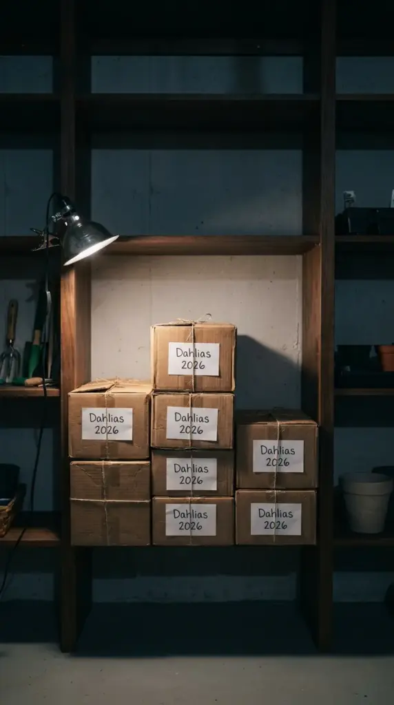 Labeled cardboard boxes for overwintering dahlia bulbs stacked neatly on a cool basement storage shelf.