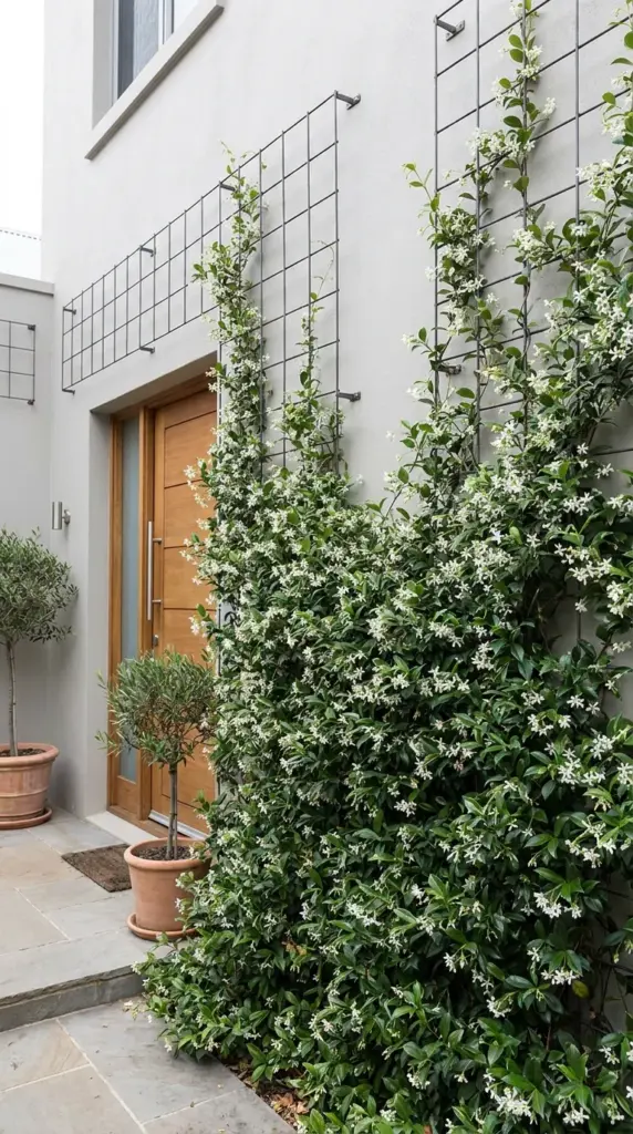 Vertical evergreen star jasmine climbing a trellis on a house wall.