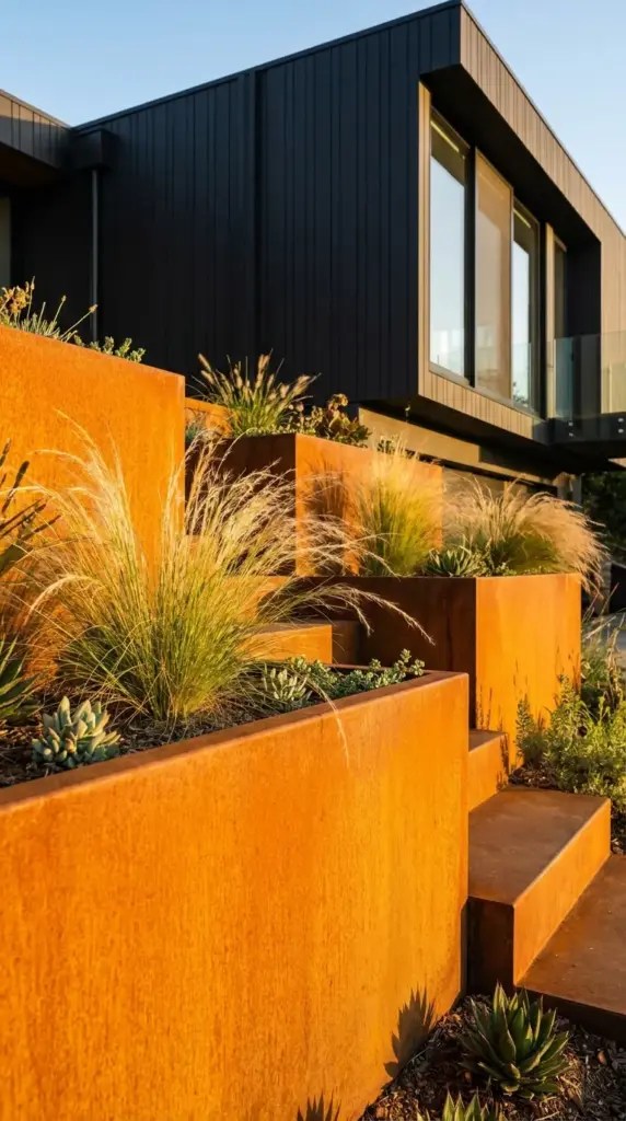 Tiered Corten steel planters filled with vibrant green ornamental grasses on a sloped front yard.